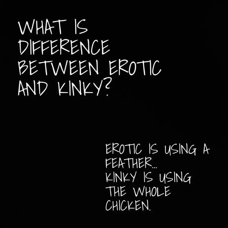 What is difference between erotic and kinky Erotic is using a feather... Kinky is using the whole chicken.