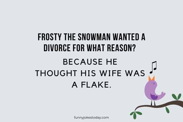 Frosty the snowman wanted a divorce for what reason Because he thought his wife was a flake.